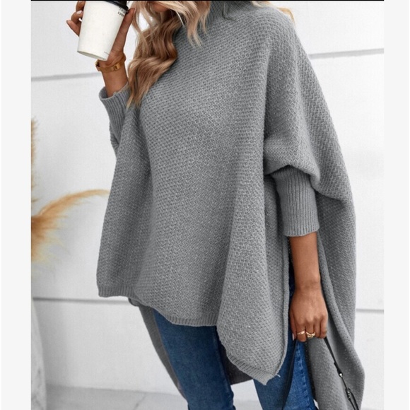 Cozy Mock Neck Dolman Sleeve High Low Hem Sweater Cape - Picture 5 of 6